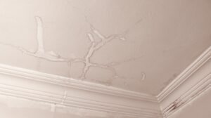 Ceiling with visible water stains and cracks, showing signs of water damage near the edge and along the molding—often a result of heavy rains requiring emergency roof leak mitigation.