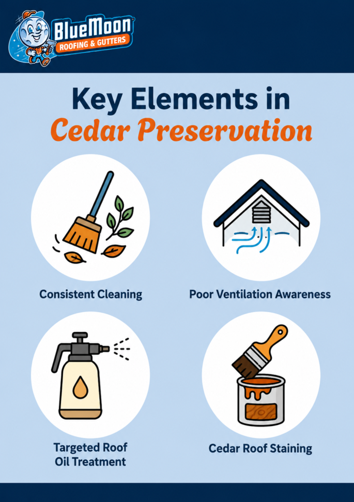 An infographic by Blue Moon Roofing & Gutters outlines Cedar Shake Roof Maintenance in Oregon, highlighting four key elements: cleaning, ventilation awareness, oil treatment, and roof staining—all with related icons.