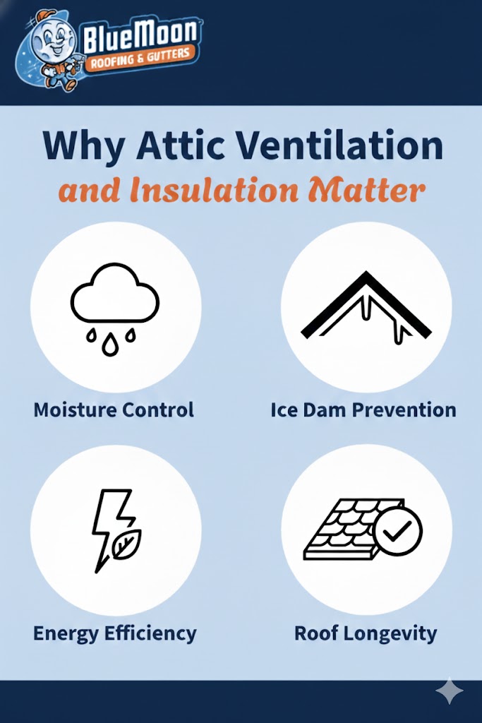 Infographic by Blue Moon Roofing & Gutters shows Portland homeowners four benefits of attic ventilation and insulation: moisture control, ice dam prevention, energy efficiency, and roof longevity.