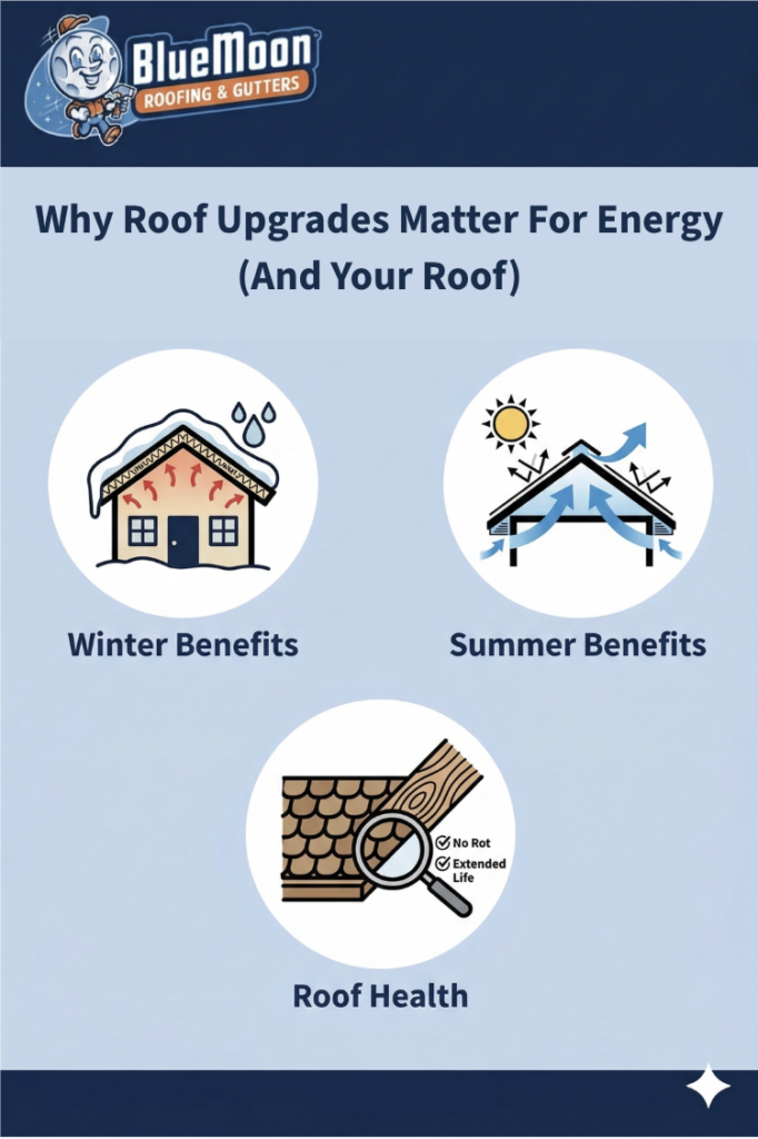 Infographic by Blue Moon Roofing & Gutters showing winter benefits, summer perks, and roof health—proving how energy-saving roof upgrades can cut bills and boost efficiency for Portland homes.