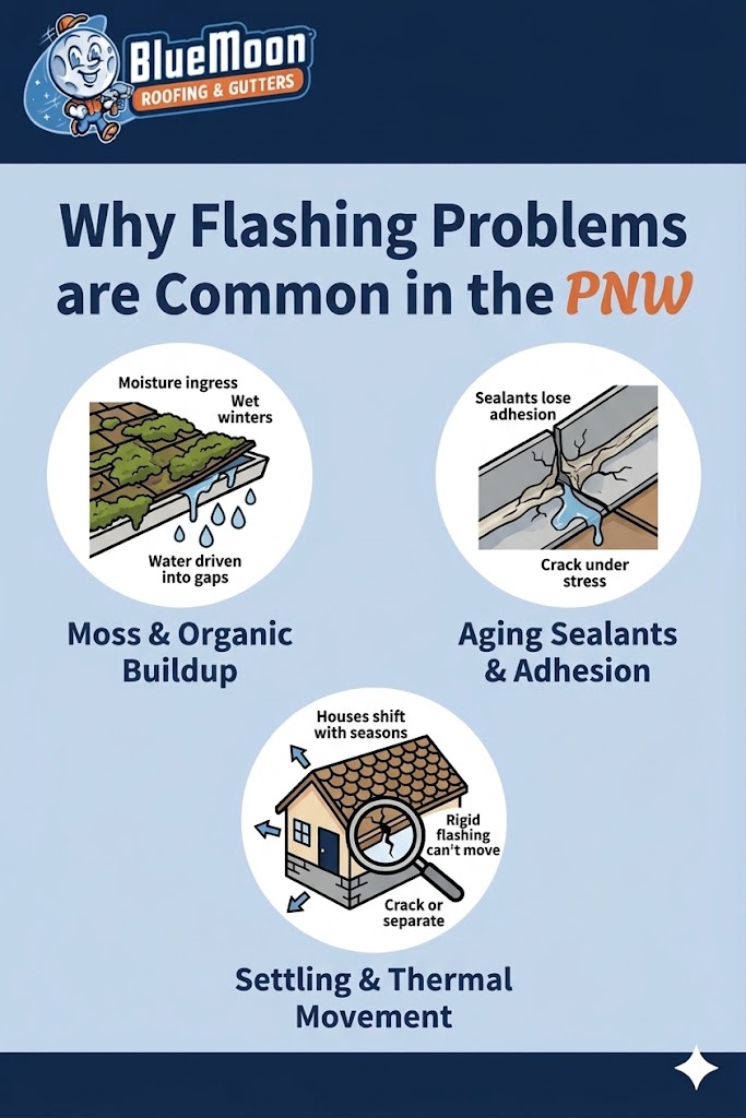 Infographic explaining common roof flashing failure issues in the PNW: moss buildup, aging sealants losing adhesion, and cracking from settling and thermal movement that often require roof flashing repair.