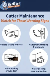 Infographic about gutter maintenance warning signs for Portland homes: visible cracks or holes, gutters separating from fascia, paint peeling or wood rot, and water pooling near the foundation—all indicators that prompt gutter maintenance is crucial to prevent costly water damage.