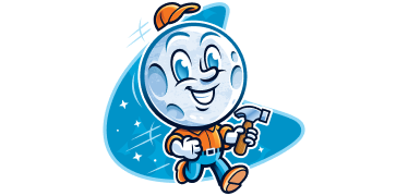 Cartoon moon character wearing an orange hat and shirt, smiling and walking while holding a hammer, with a blue starry background.