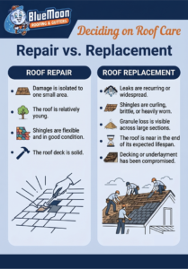 Infographic comparing Roof Repair and Roof Replacement in Portland, featuring criteria for each, illustrations of roofing procedures, and icons highlighting common local roofing issues.