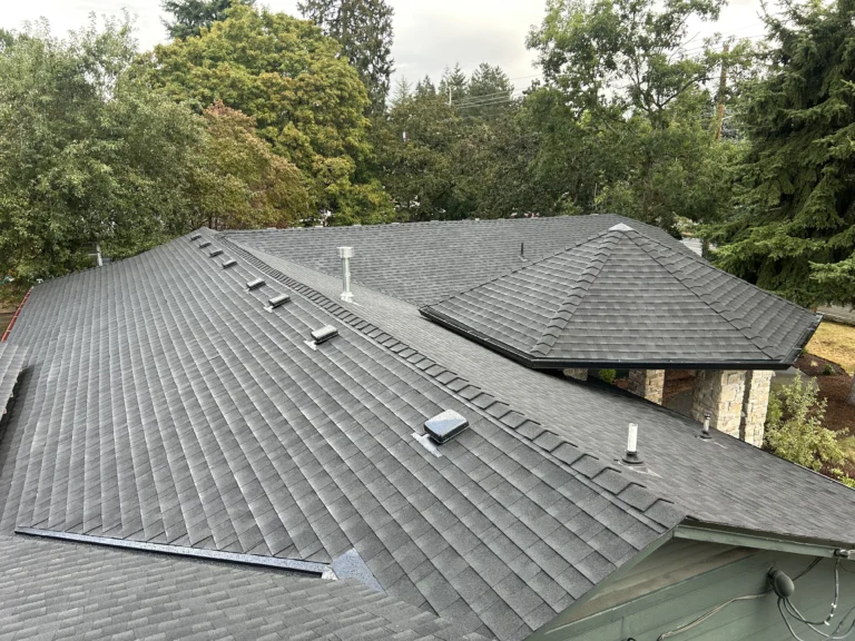 View of a gray shingle roof with multiple slopes, vents, and pipes, surrounded by green trees on a cloudy day.