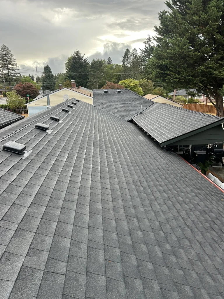View of a gray asphalt shingle roof on a residential house, with trees and neighboring homes visible in the background under a cloudy sky.