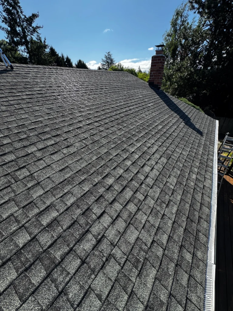 Dark gray shingled roof with a chimney under clear blue sky, surrounded by trees, viewed from an elevated angle.